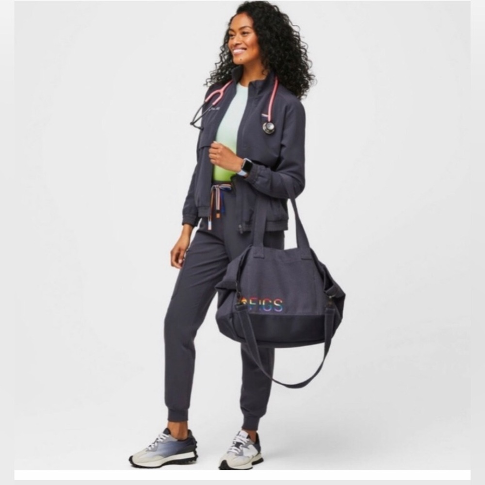 NWT, Figs laminated bag in Pride Rainbow Gray Canvas